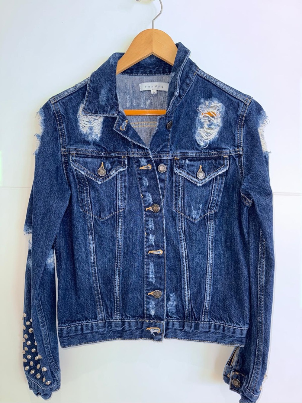 Distressed Sandro Dark Blue Denim Jean Jacket with Stud Accents